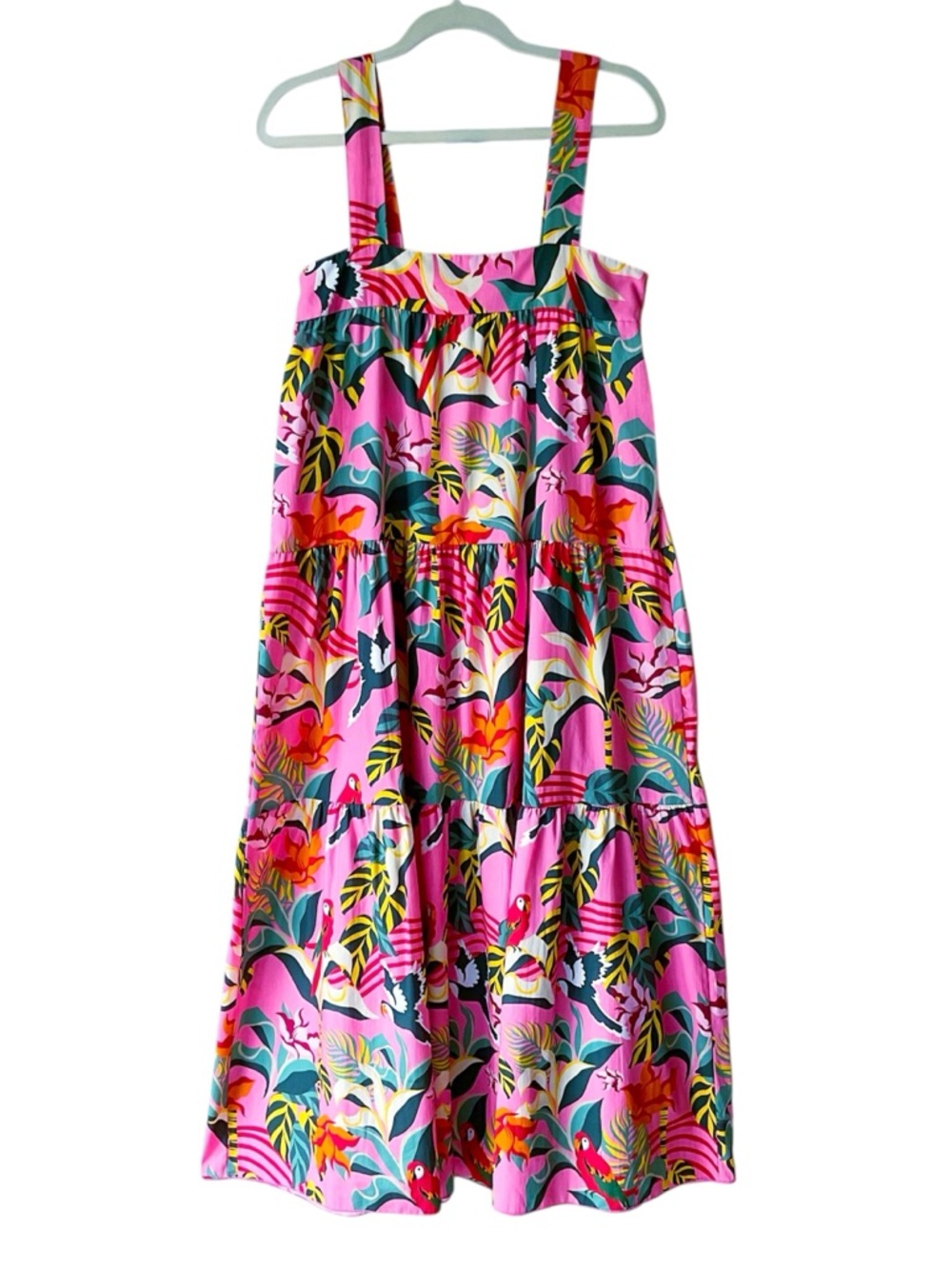 Chepè Italy Pink Tropical Parrot Print Midi Cotton Sun Dress Size M